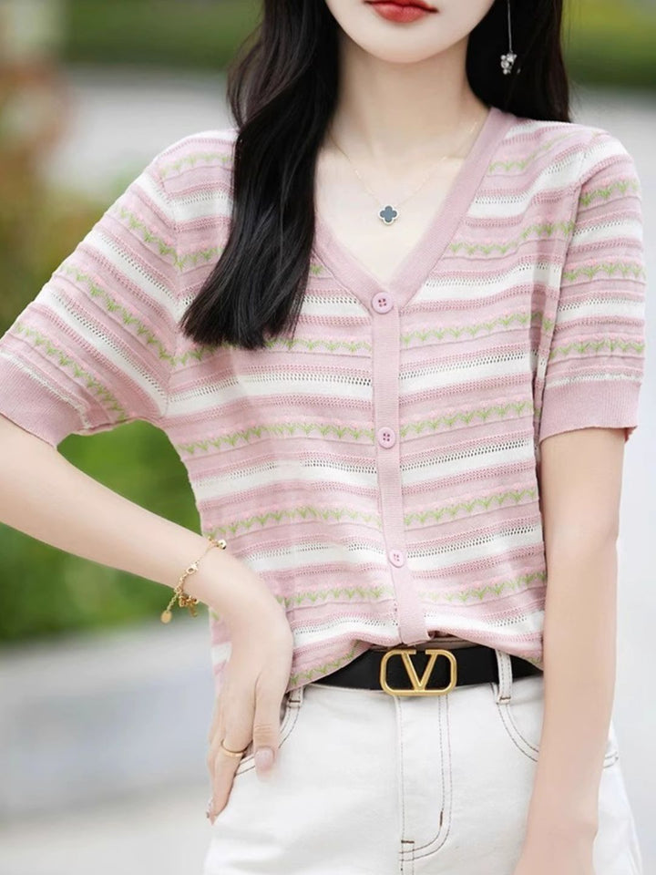 V-neck Short-sleeved Striped T-shirt