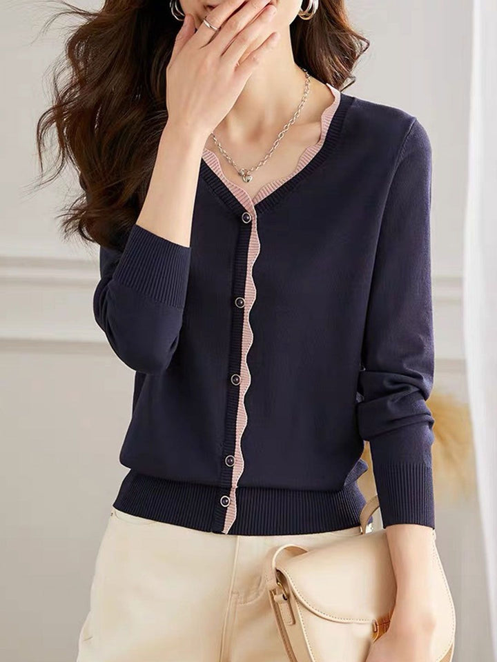Casual V-neck Contrasted Knitted Cardigan