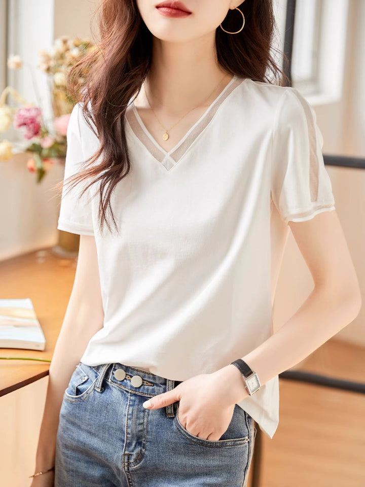 All-match V-neck White Short-sleeved