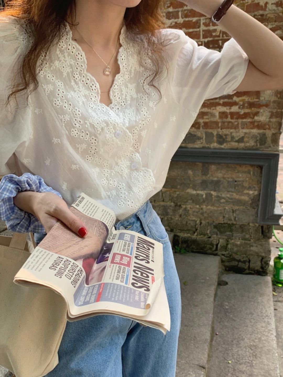 V-neck Embroidered Lace Shirt