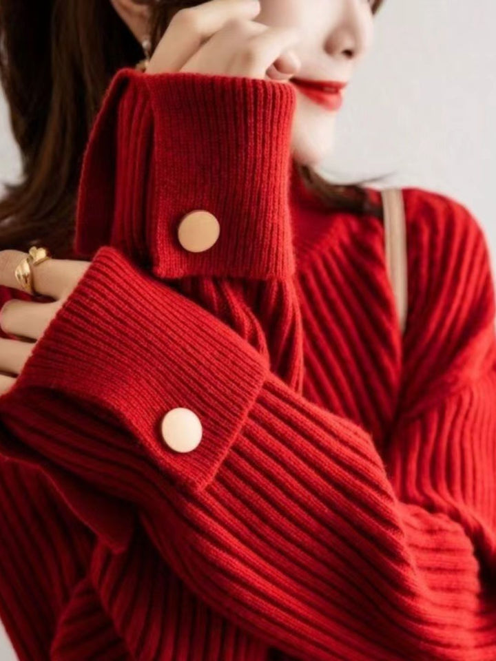 Half Turtleneck Solid Color Button Knitted Top