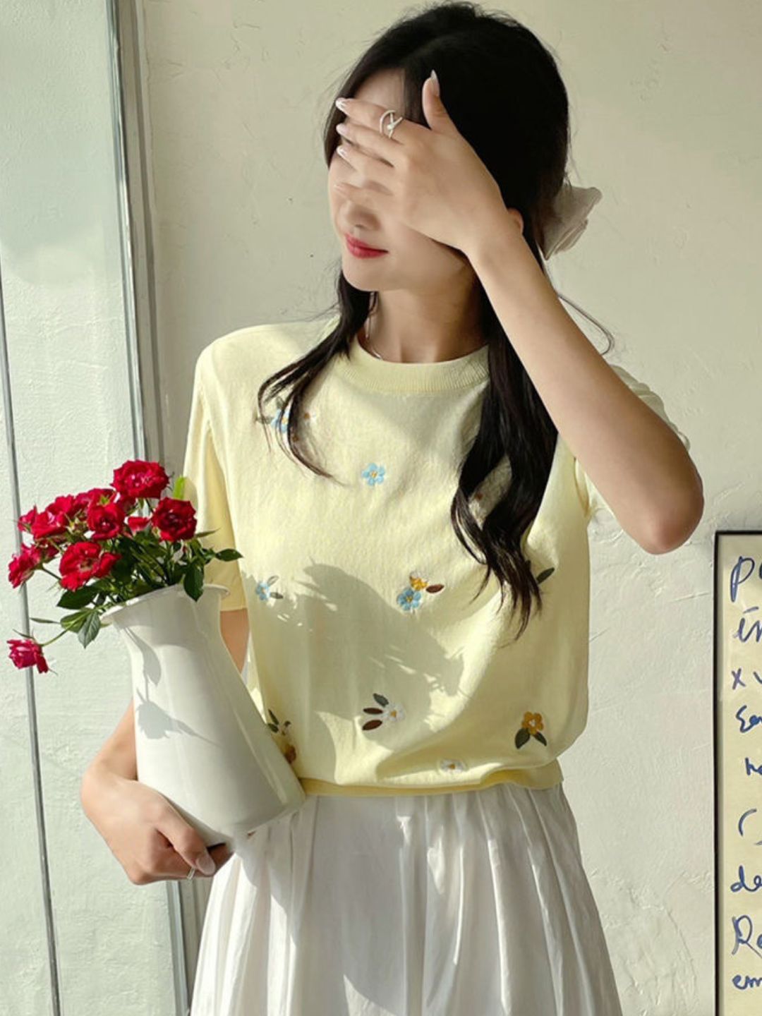 Crew Neck Embroidered Knitted Short Sleeves - Blue