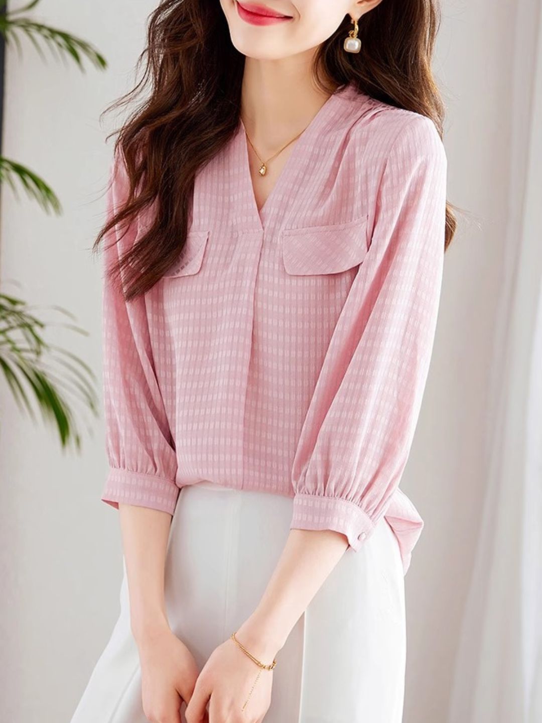 V-neck Chiffon Shirt Pink
