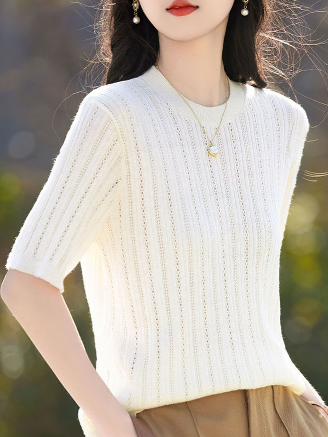 Solid Color Round Neck Thin Knitted Top - Blue