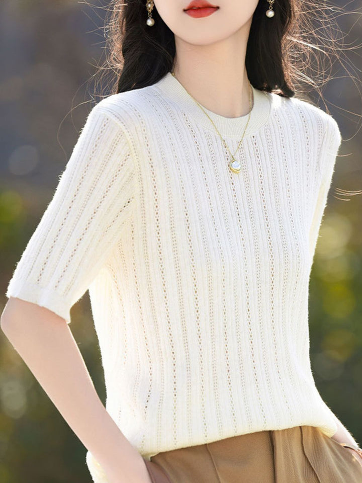 Solid Color Round Neck Thin Knitted Top - Blue