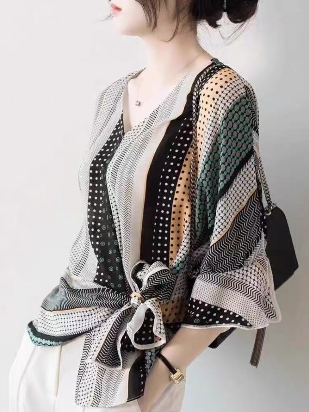 Retro V-Neck Irregular Contrast Color Shirt