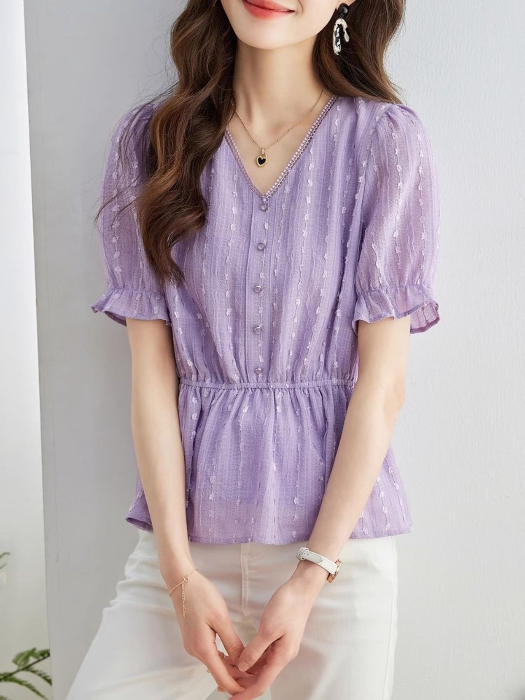 Loose Chiffon V-Neck Fashion Shirt -Purple