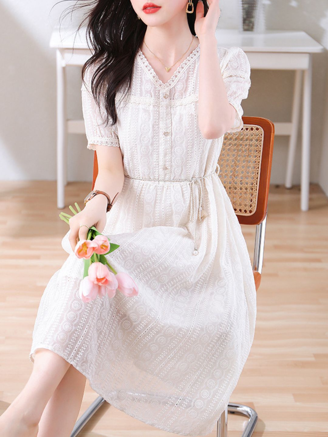 V-Neck Beige Lace Dress