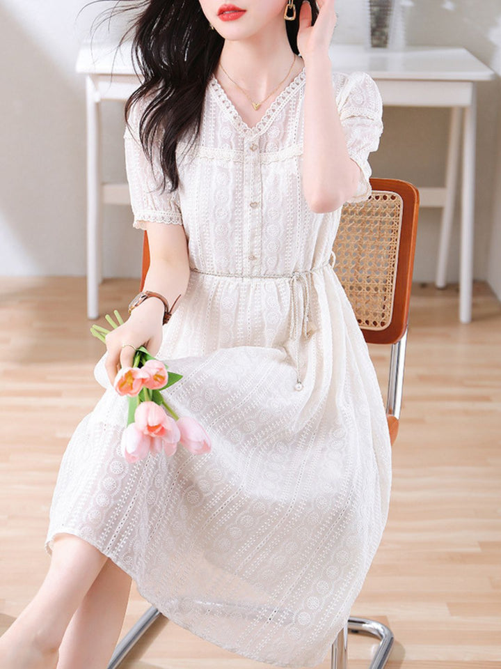 V-Neck Beige Lace Dress