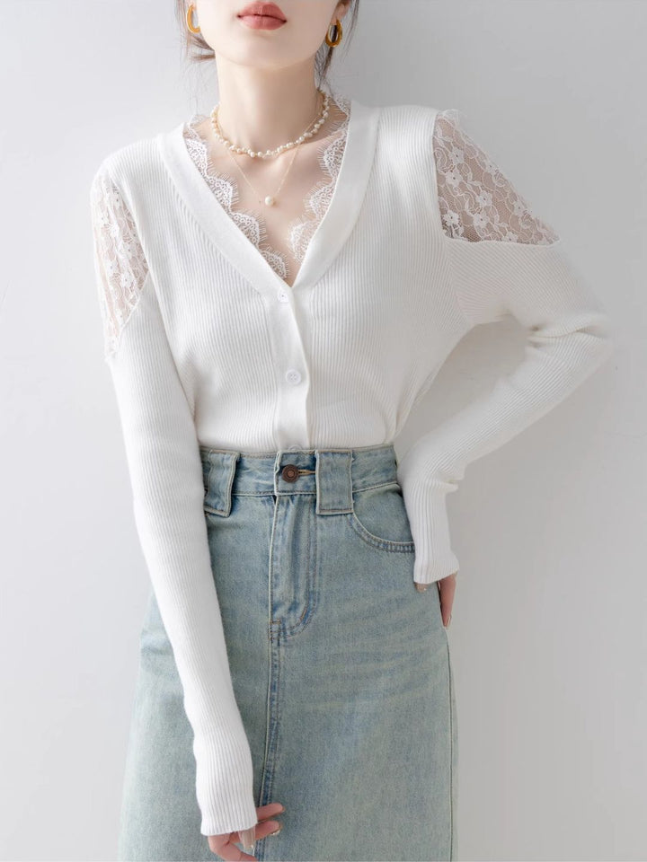 Slim Off-shoulder Lace Knitted Top
