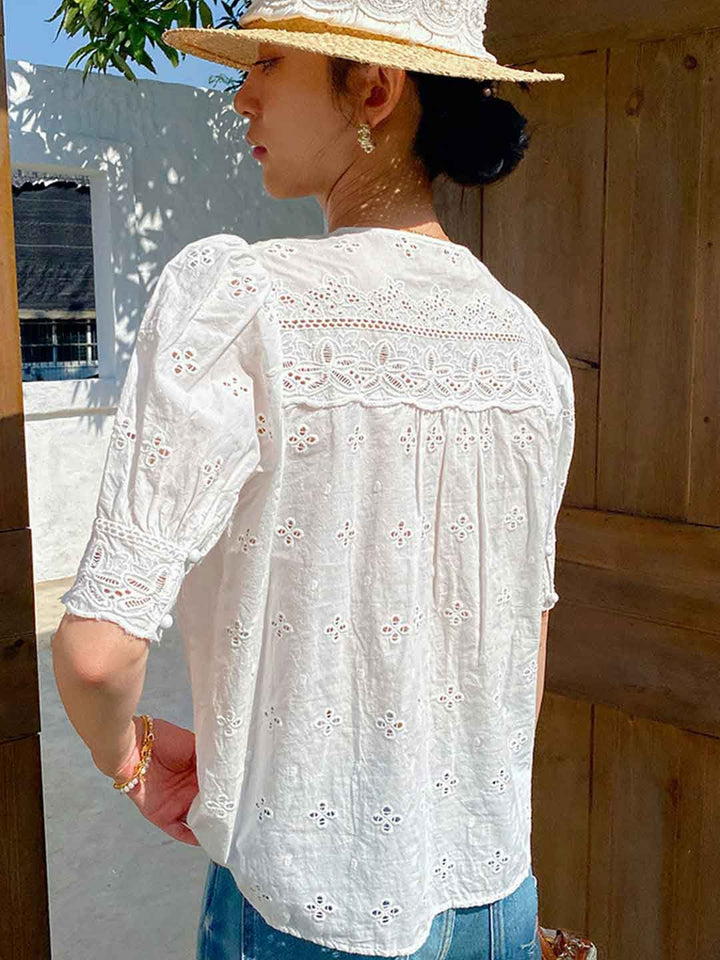 Elegant V-Neck Puff Sleeve Embroidered Top