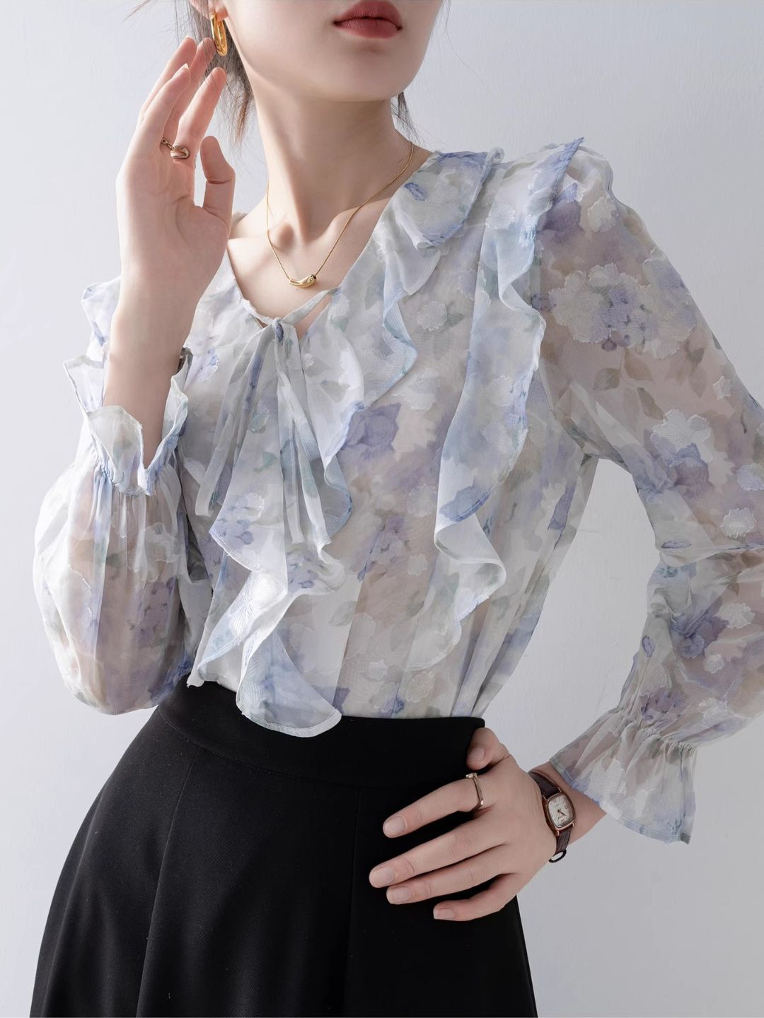 Elegant V-Neck Printed Chiffon Top