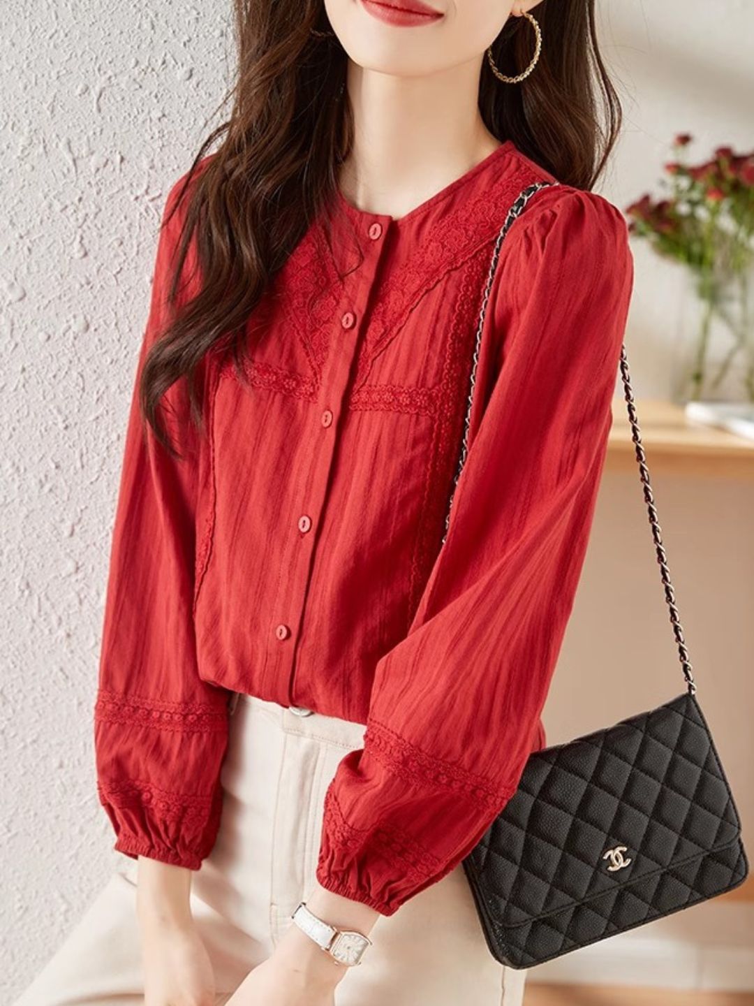 Versatile Lace Long Sleeve Shirt - Red