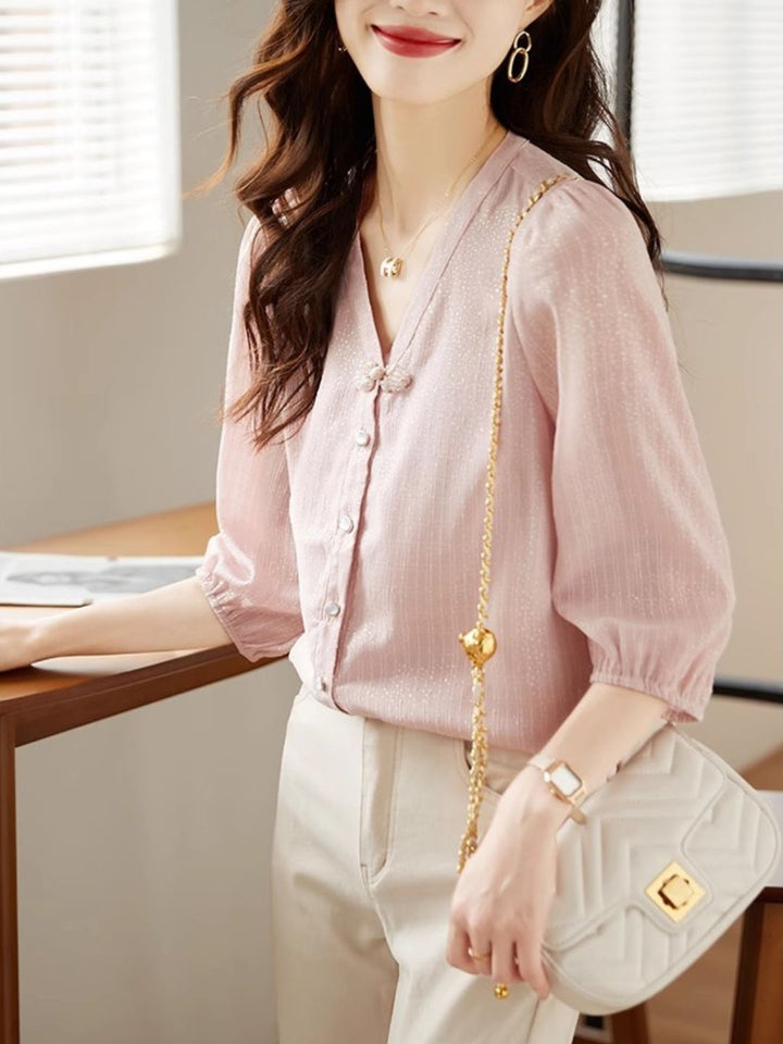 V-Neck Chiffon Shirt - Pink