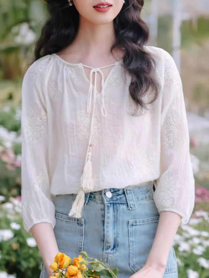Embroidered Tassel Tie Top
