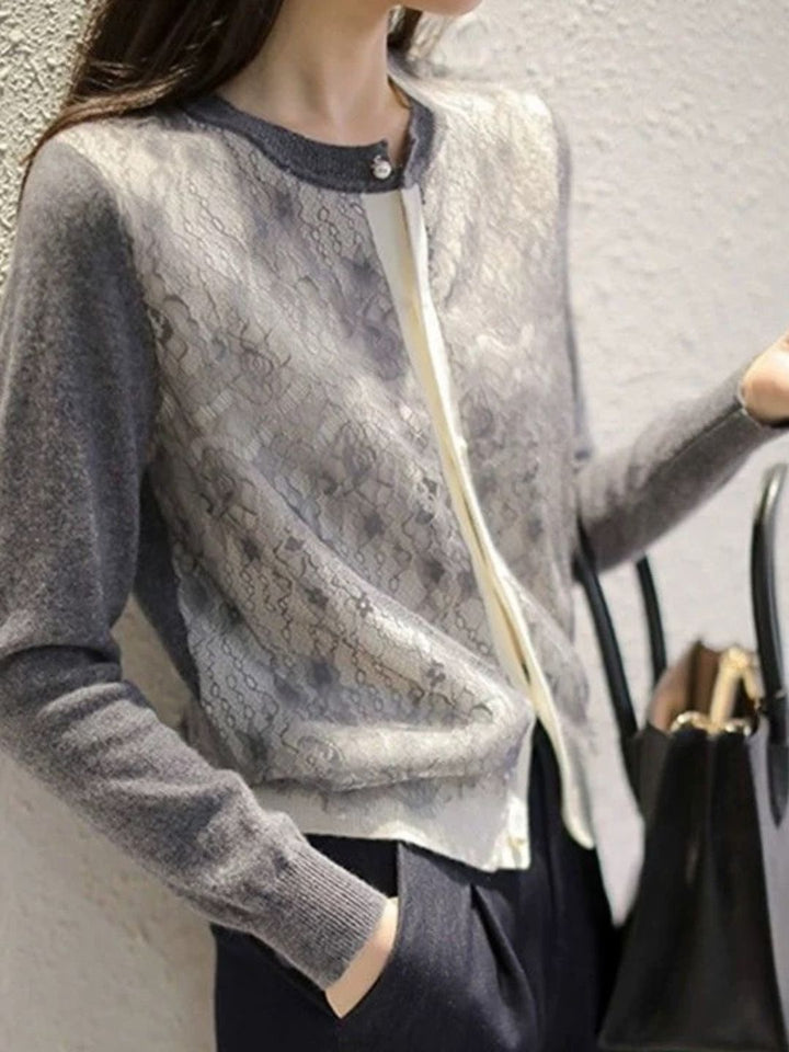 Crew Neck Lace Knit Sweater - Black