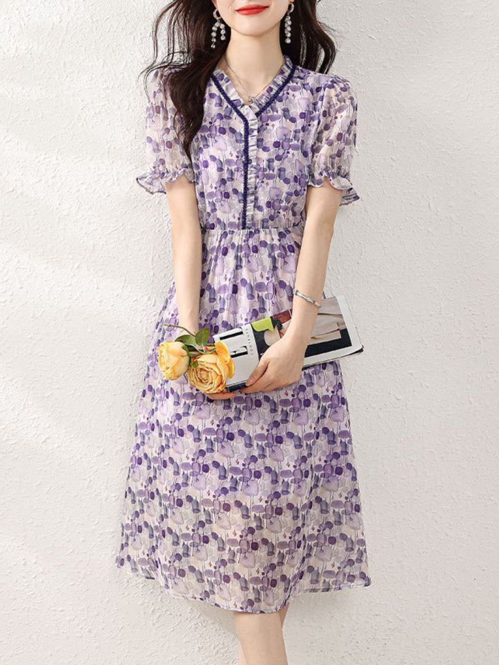 Retro V-Neck Printed Waist Dress
