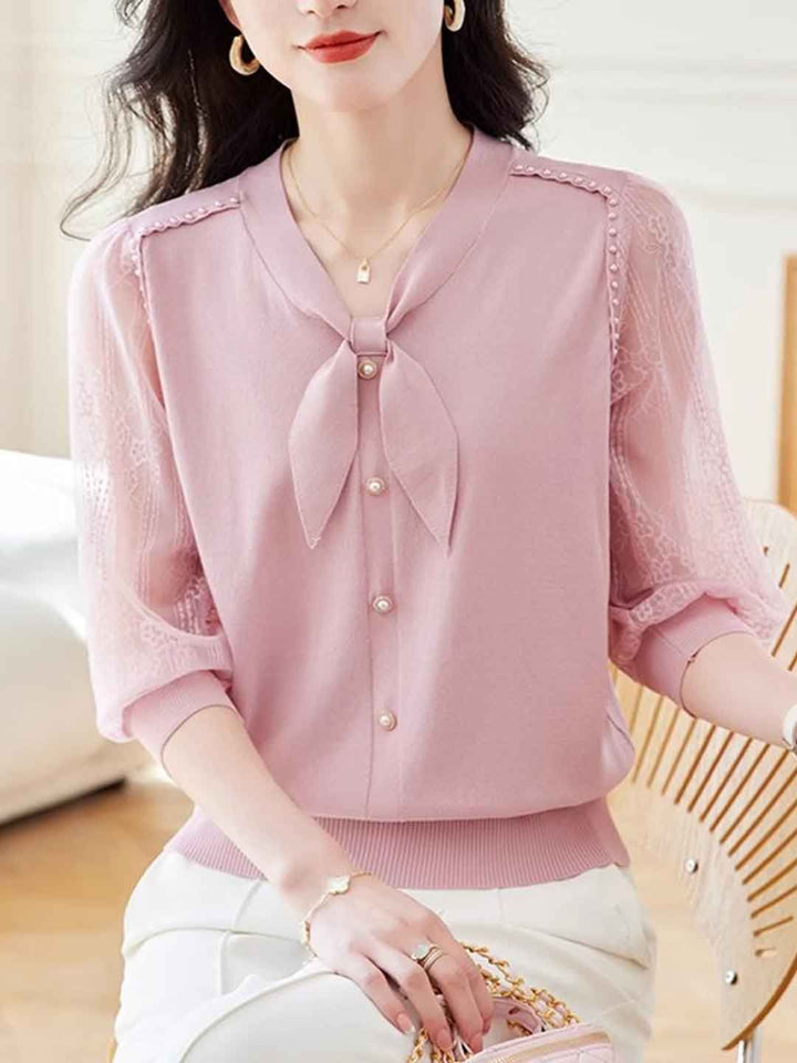 V-Neck Puff Sleeve Bow Lace Knitted Top