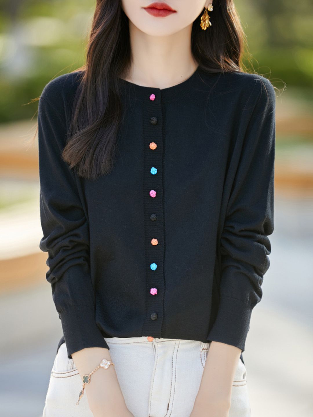 Classic Crew Neck Knit Cardigan -Grey