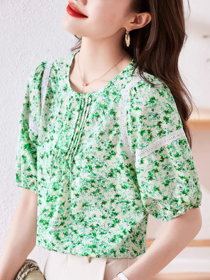 Round Neck Floral Puff Sleeve Chiffon Shirt - Green