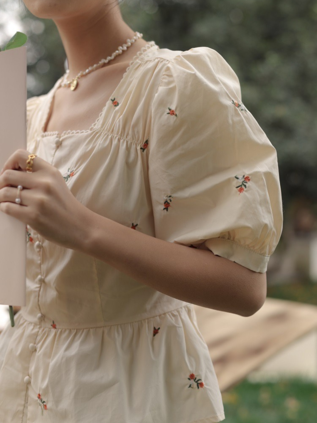 Square Neck Short Sleeve Embroidered Shirt