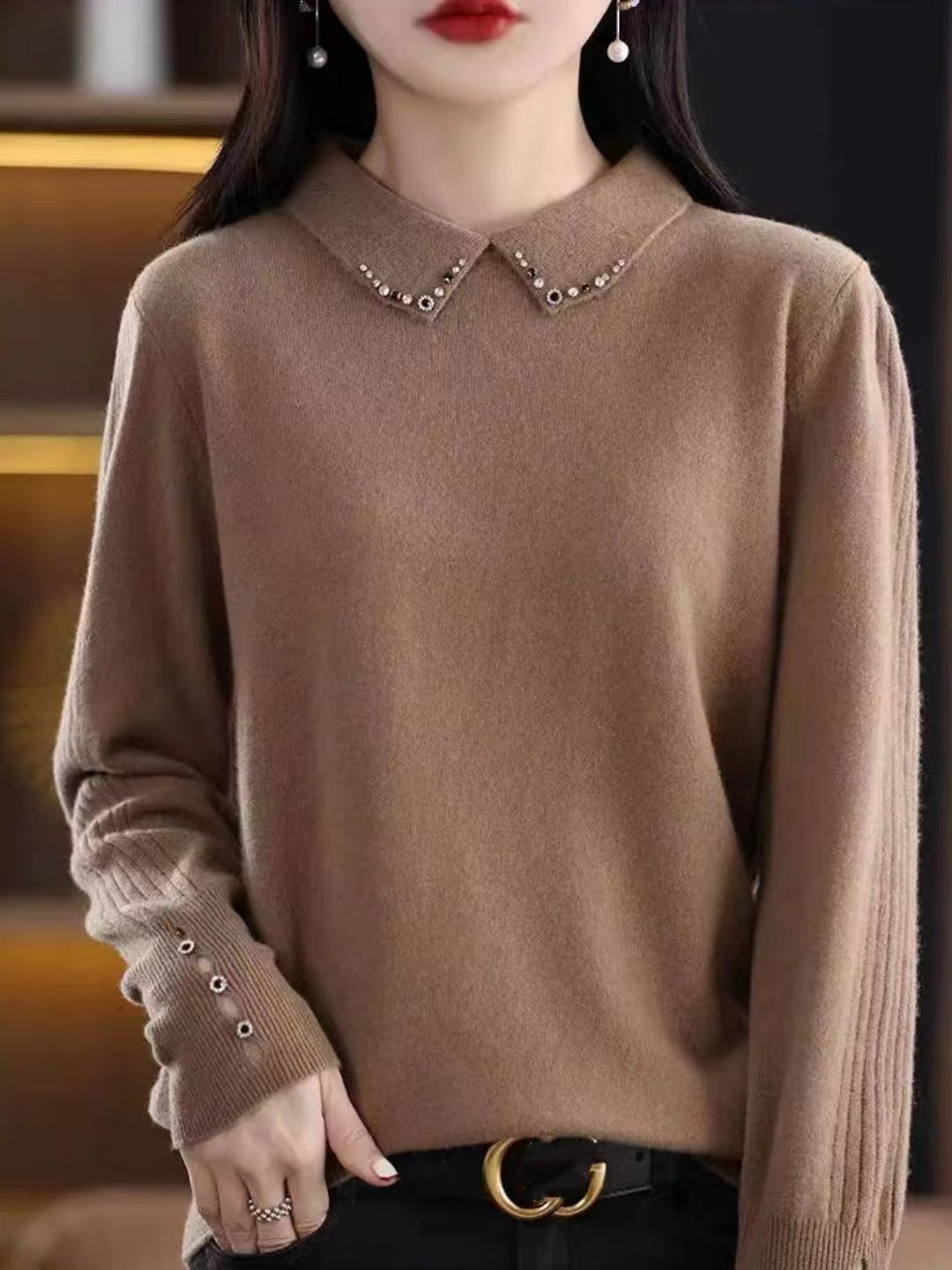 Lapel Beaded Button Sweater