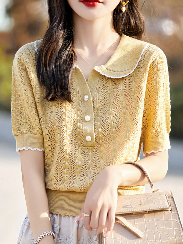 POLO Collar Hollow Short Sleeves -Pink