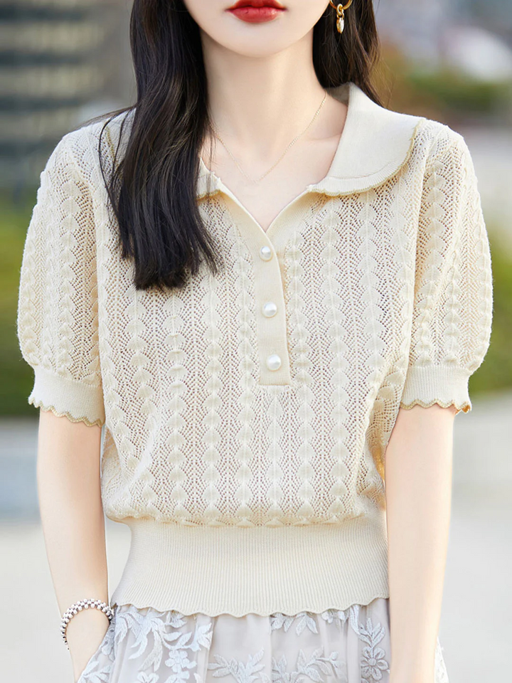 POLO Collar Hollow Short Sleeves -Pink