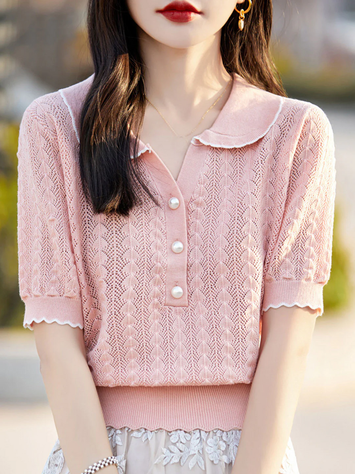 POLO Collar Hollow Short Sleeves -Pink