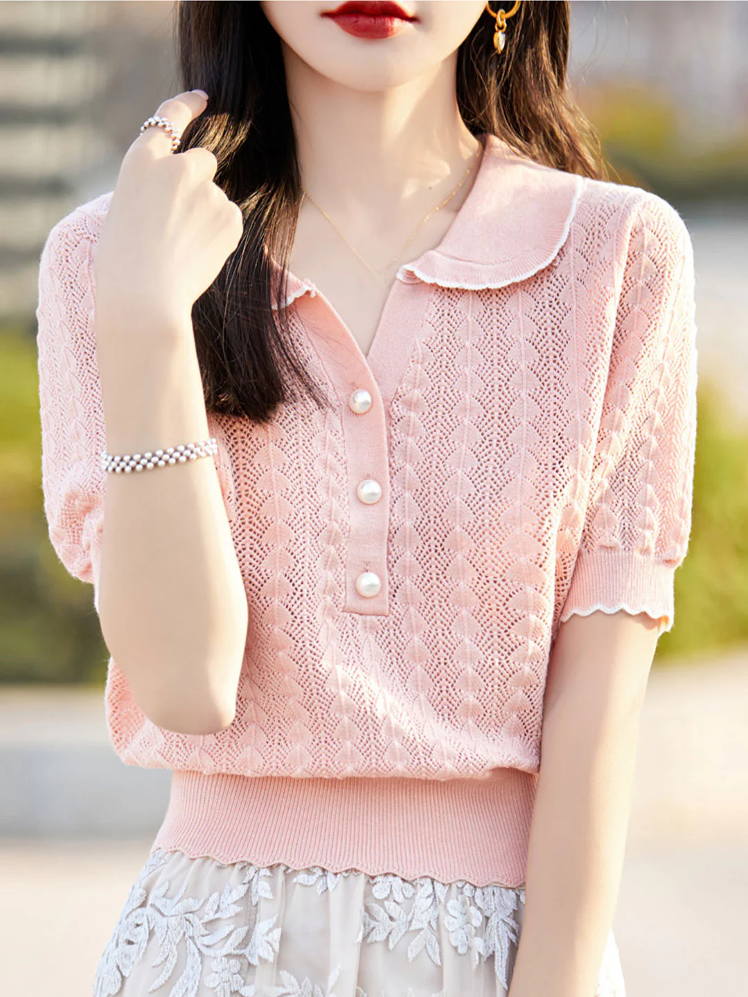 POLO Collar Hollow Short Sleeves -Pink