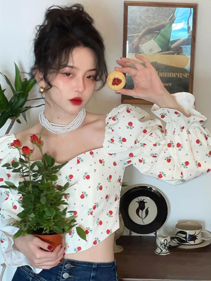 Square Collar Floral Short Shirt Puff Sleeve Top