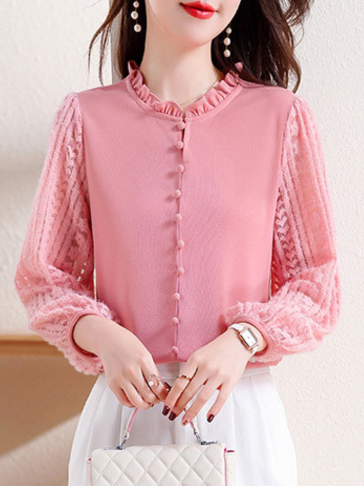 Elegant Lace Lantern Sleeve Top - Pink