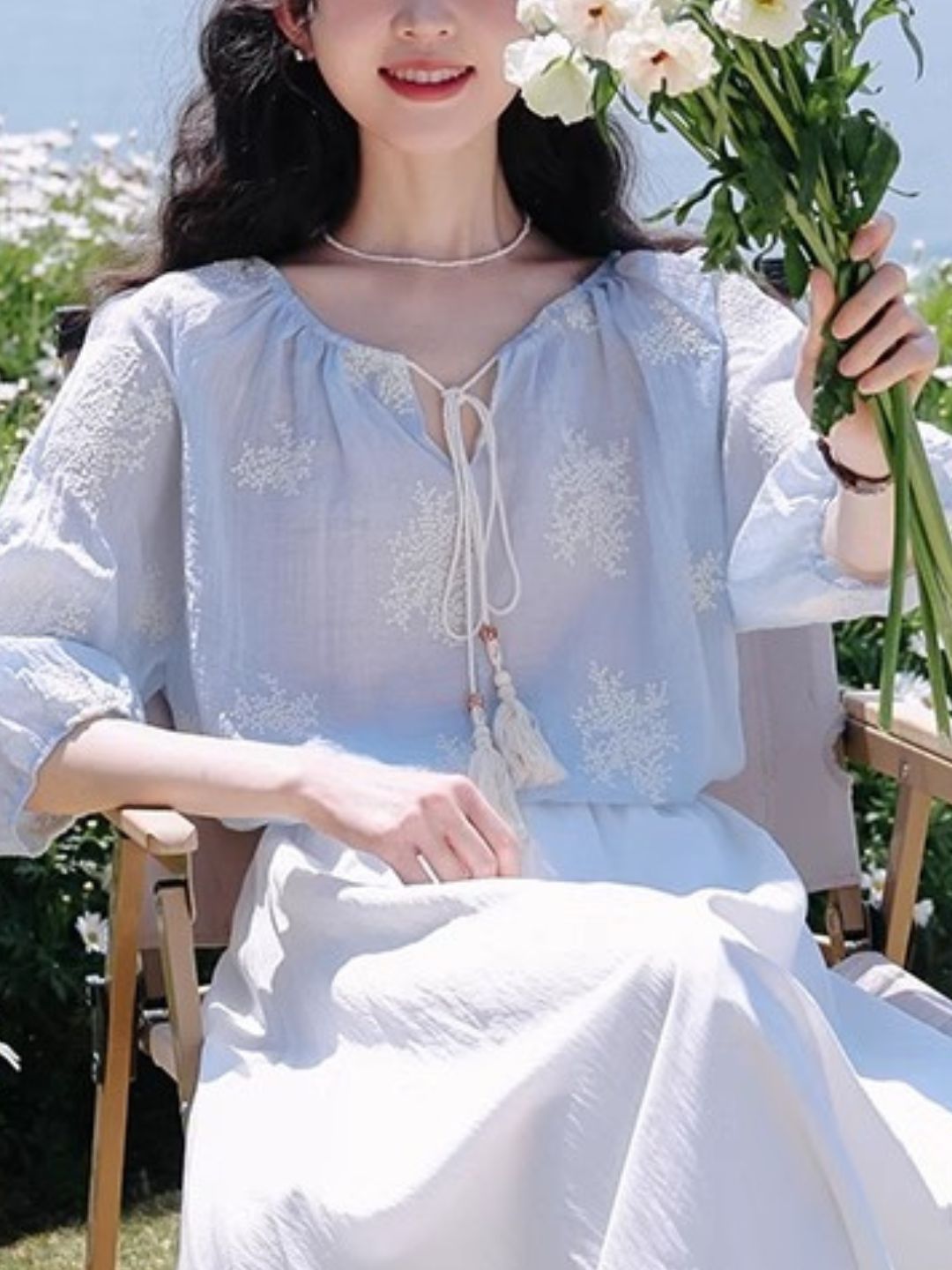 Embroidered Tassel Tie Top