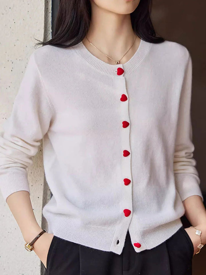 Elegant Crew Neck Heart Button Knitted Cardigan