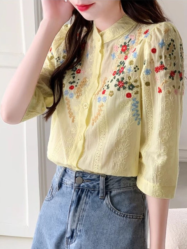 Embroidered Jacquard Stand Collar Shirt - Yellow