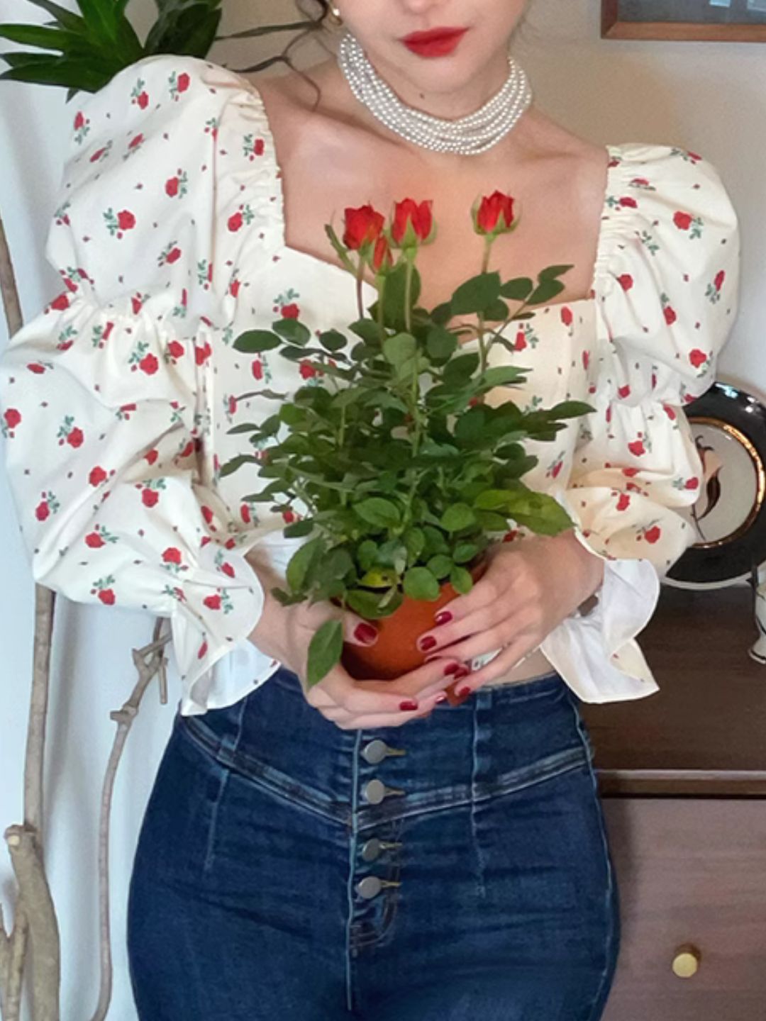 Square Collar Floral Short Shirt Puff Sleeve Top