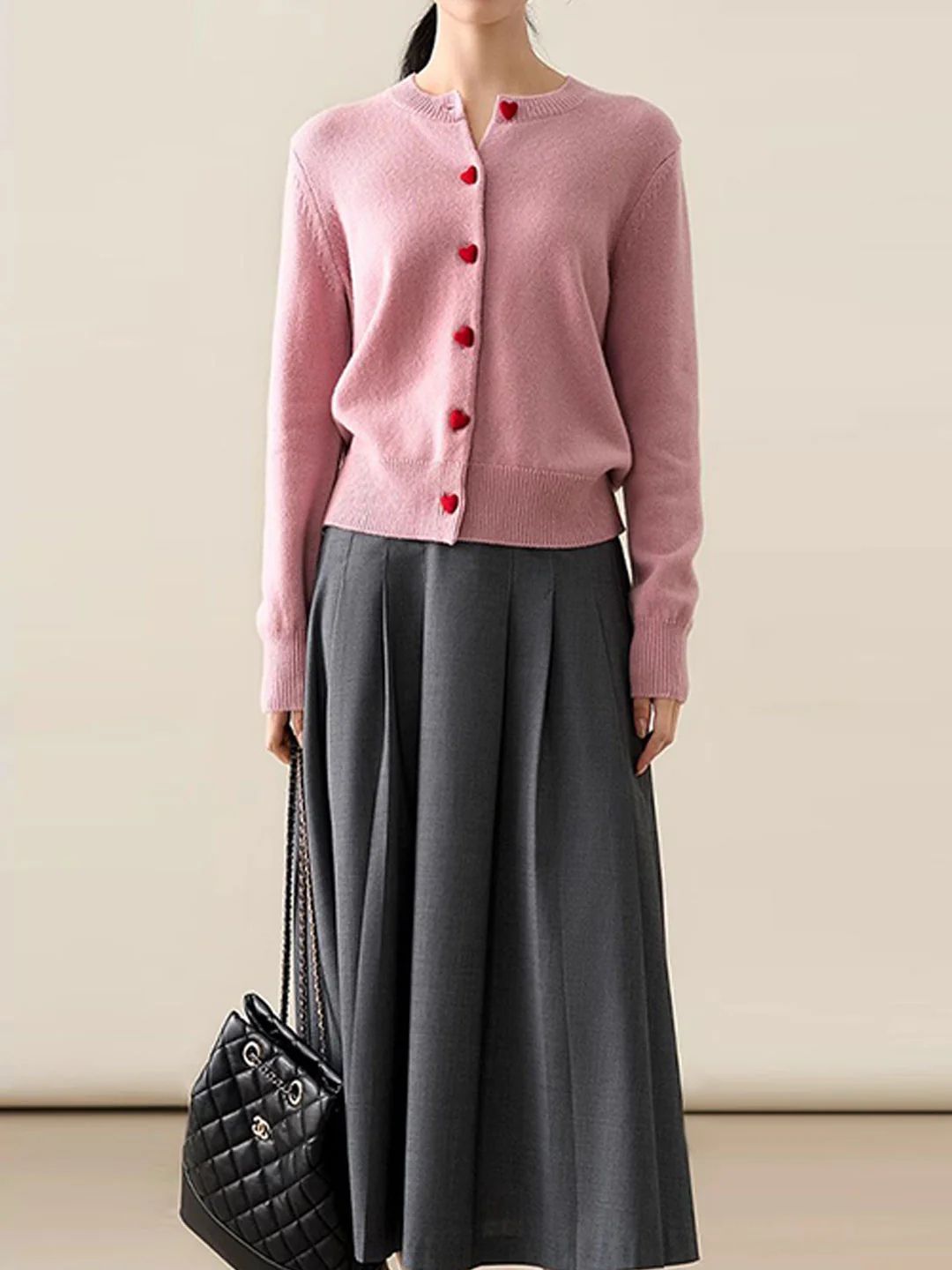 Elegant Crew Neck Heart Button Knitted Cardigan