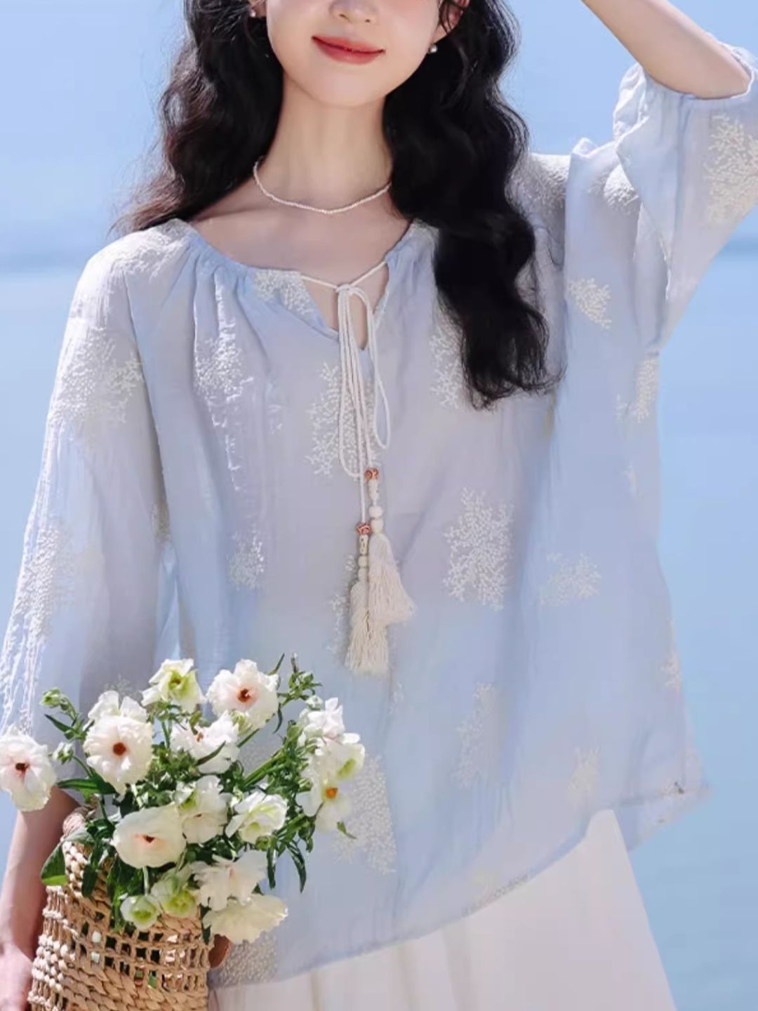 Embroidered Tassel Tie Top