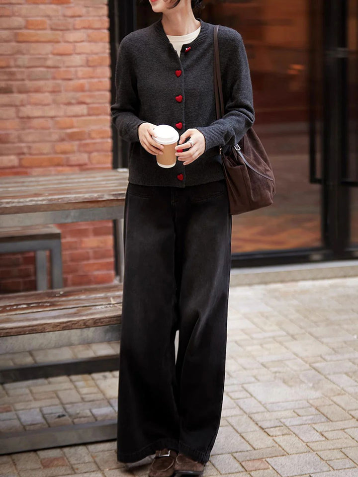 Elegant Crew Neck Heart Button Knitted Cardigan