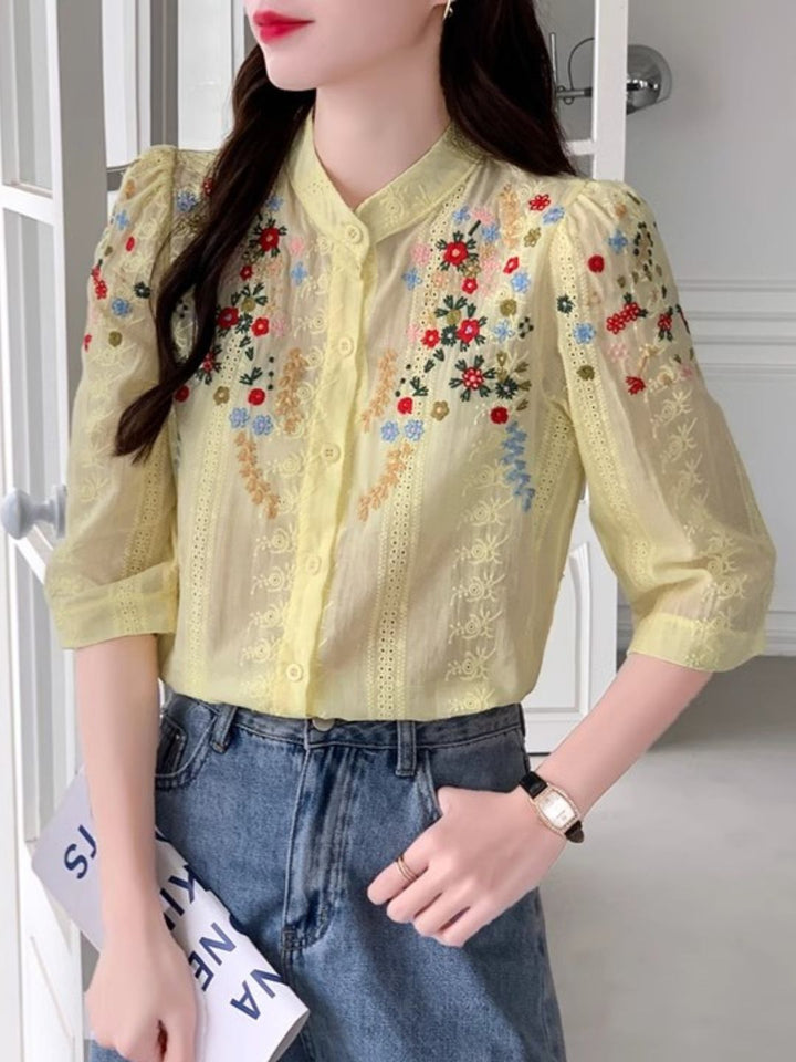 Embroidered Jacquard Stand Collar Shirt - Yellow