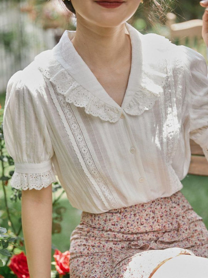 Lace Lapel Short Sleeve Shirt - Purple