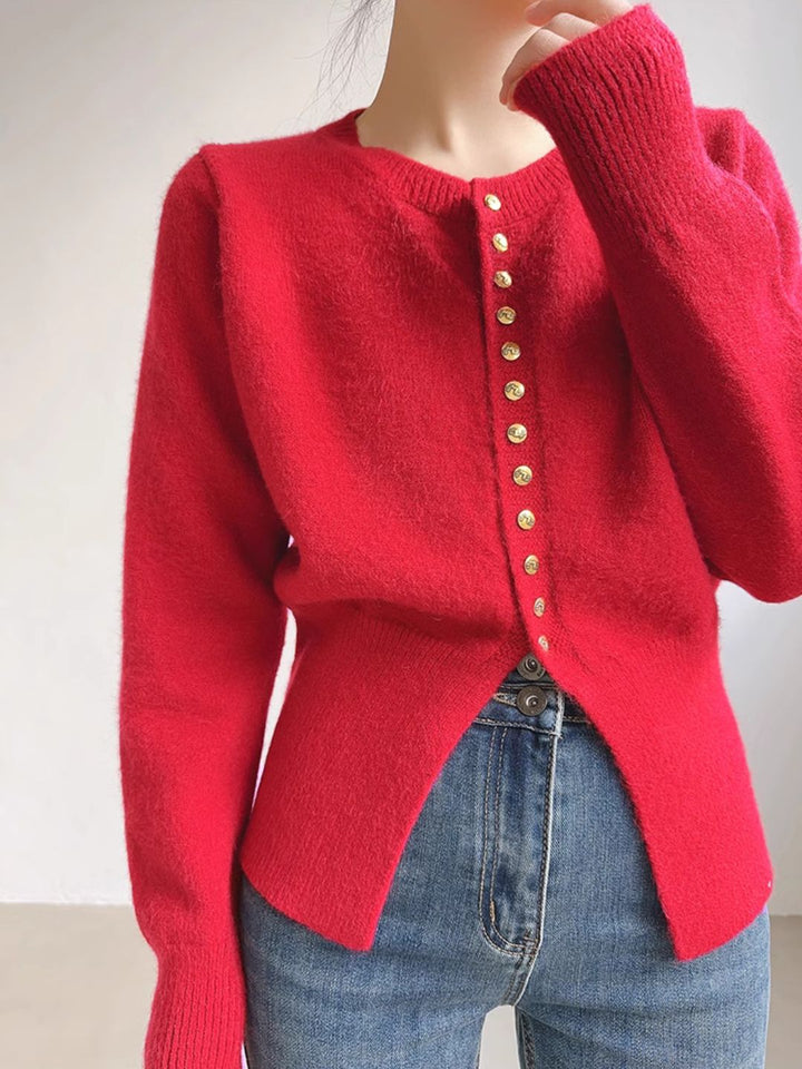 Crew Neck Solid Color Button Knitted Top
