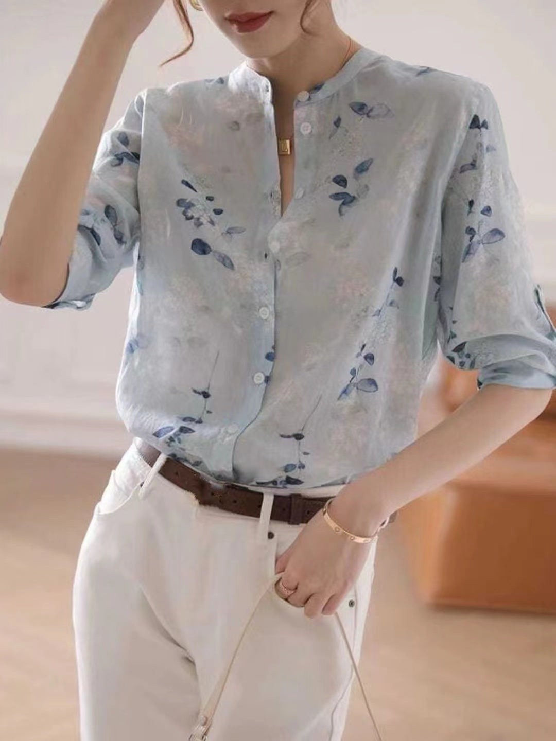 Chiffon Cotton and Linen Blue Floral Shirt