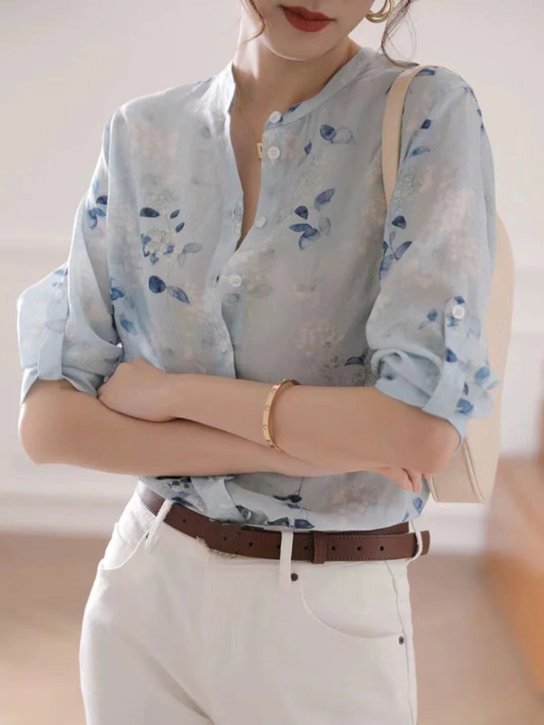 Chiffon Cotton and Linen Blue Floral Shirt