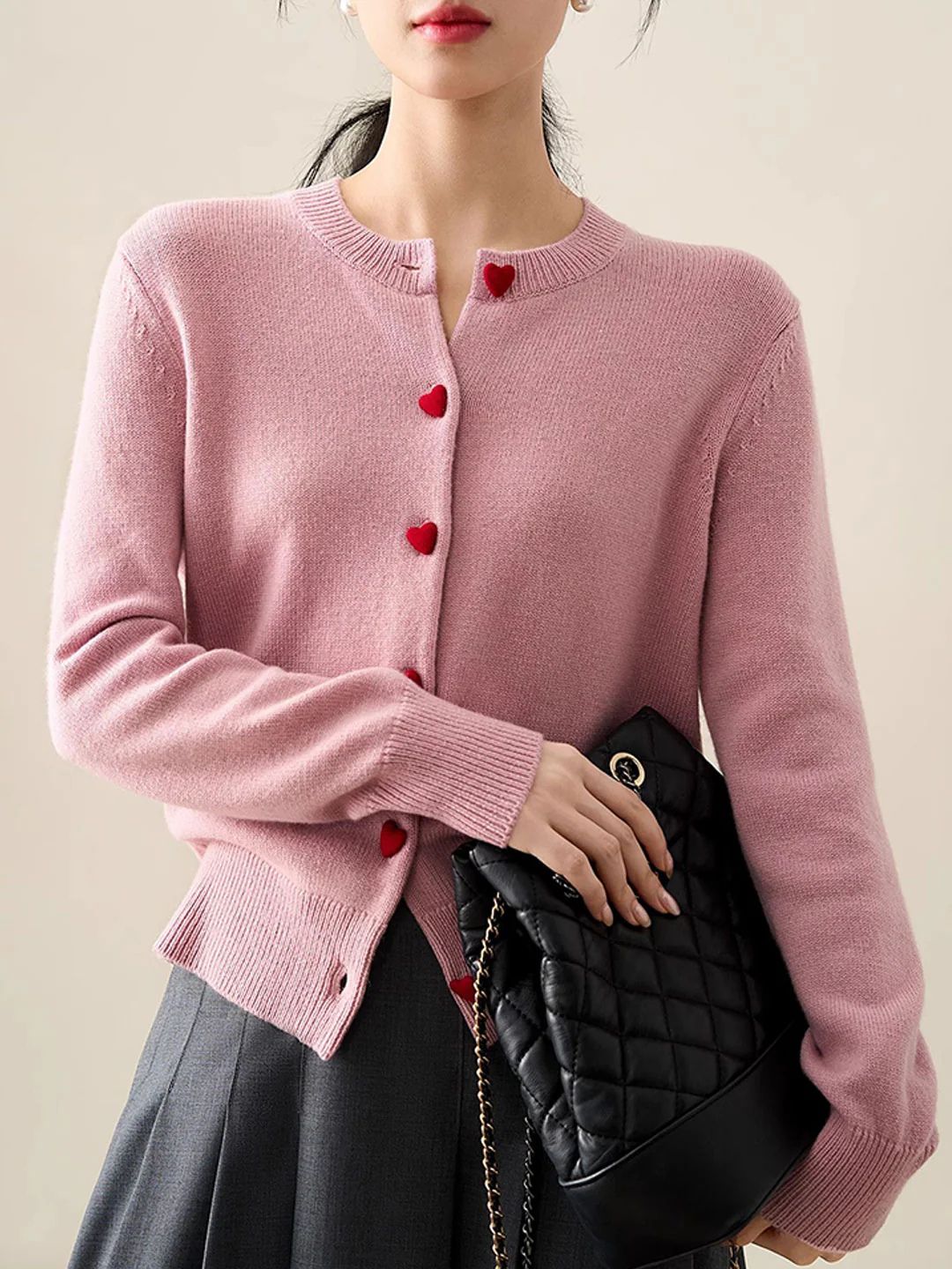 Elegant Crew Neck Heart Button Knitted Cardigan