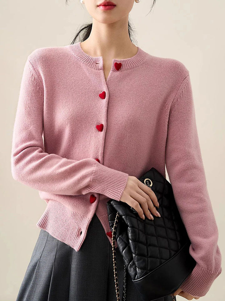 Elegant Crew Neck Heart Button Knitted Cardigan