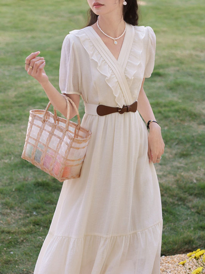 Puff Sleeve Waist Ruffled Solid Color Dress