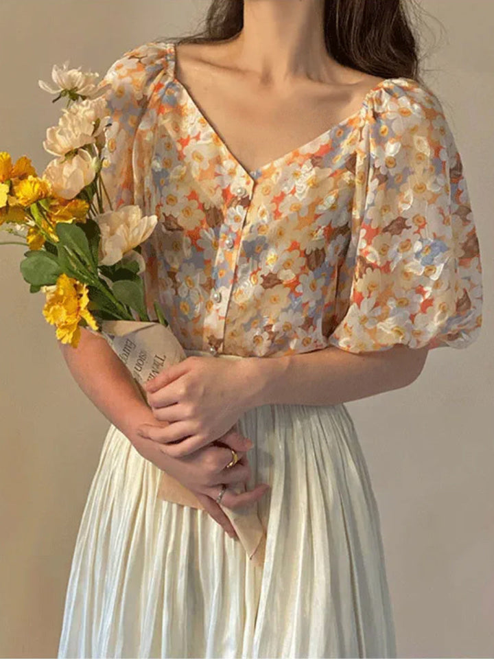 Purple V-neck Puff Sleeve Short Sleeves