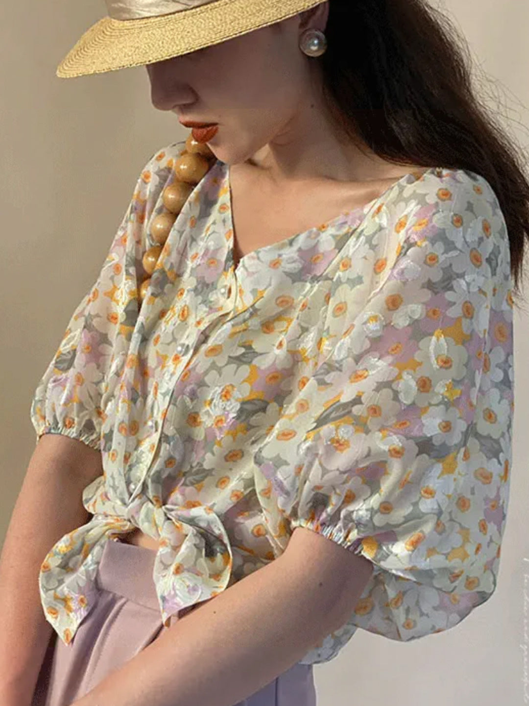 V-neck Puff Sleeve Short Sleeves