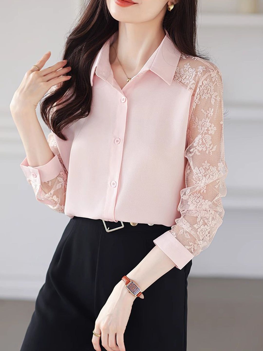 Lace Loose Lapel Chiffon Shirt
